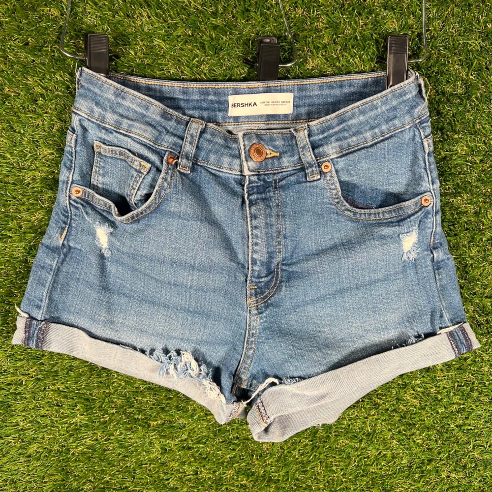 Bershka Blue Denim High Waisted Cuffed Distressed Jean Shorts Womens Size 4